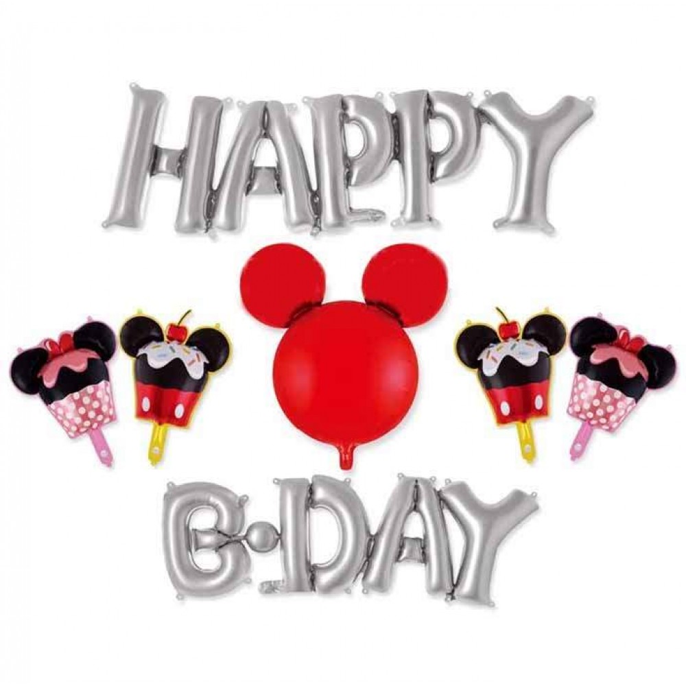 Σετ μπαλονιών Happy Bday ασημί Mickey Mouse (7 τεμ)