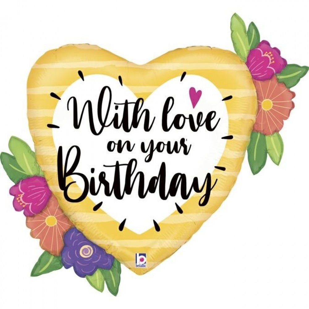 35" Μπαλόνι Φλοράλ Καρδιά "With Love on your Birthday"